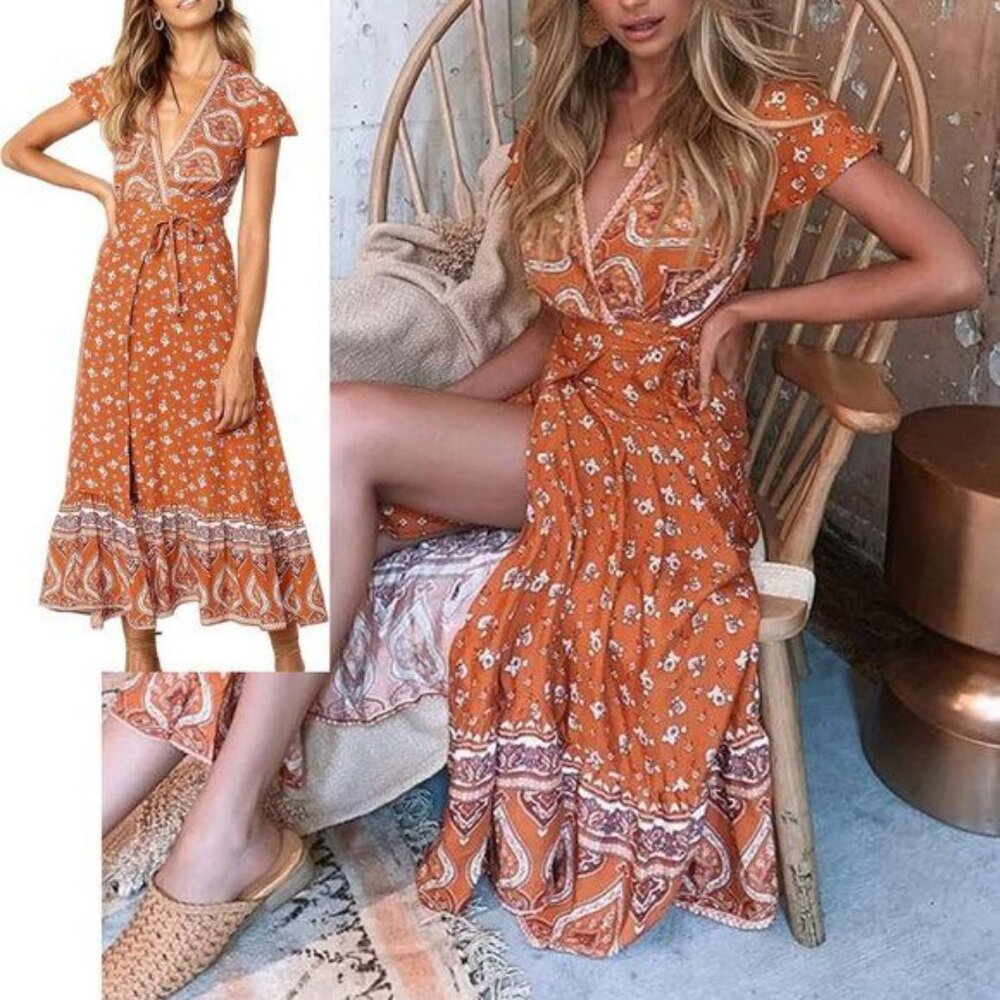 ZESICA Women's XL Bohemian Floral Wrap Maxi Dress Western Festival Cowgirl Boho - Picture 3 of 8